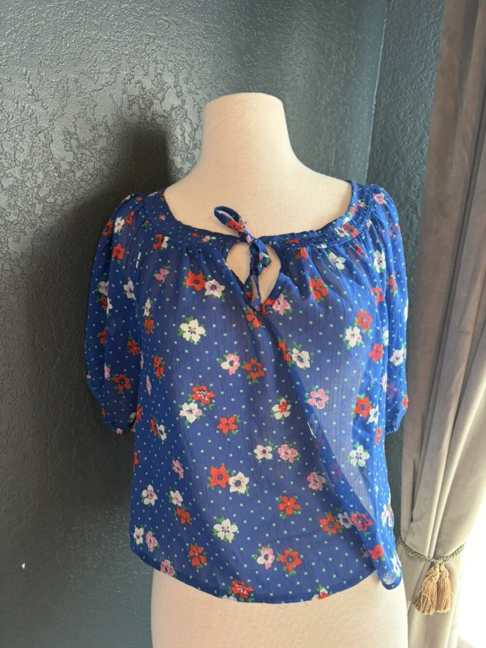 VTG Hollister Semi Sheer Blue Floral Crop Blouse Women's Size Small Y2K 2000s